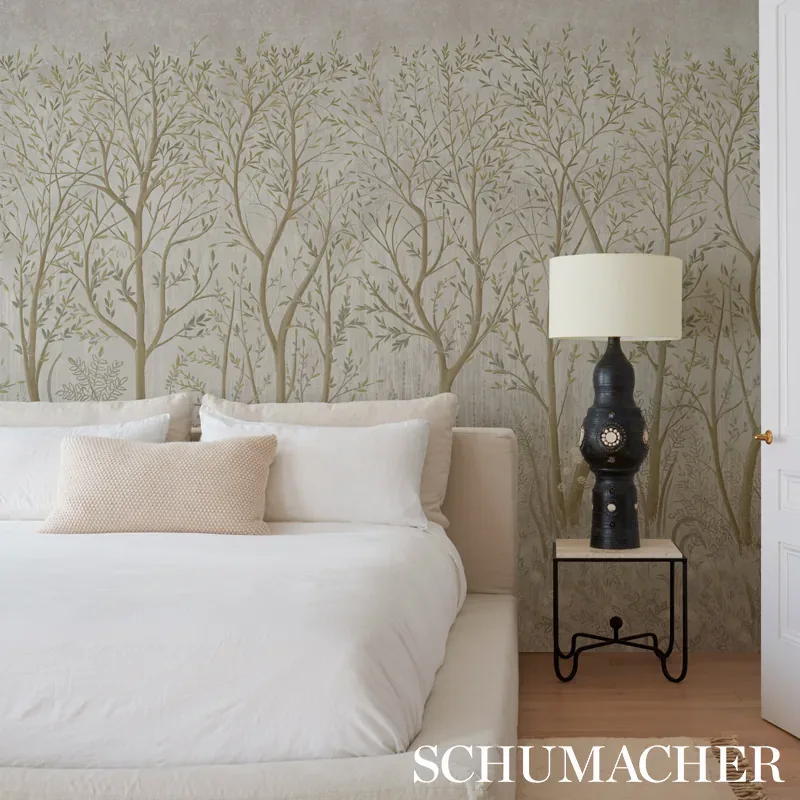 Schumacher BRINDILLE GOLDEN ACCENTED PANEL SET wallpaper, color PEACOCK, SKU 5010922